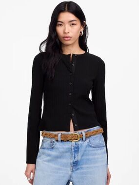 Madewell Flared-Sleeve Cardigan - Black Ribbed Button-Up Cardigan